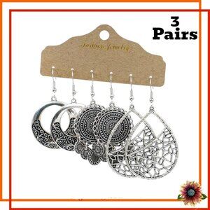 NEW WITH TAGS 3 PAIR Silver Tone Boho Earrings French Hook